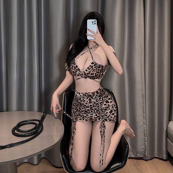 Leopard / Tiger print ওয়াইল্ড লেপার্ড ২-পিস লিঞ্জারি ও বডিকন স্কার্ট সেট — front view